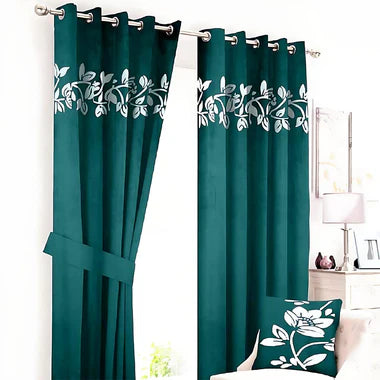 2 Pieces Luxury Floral Velvet Curtains Green