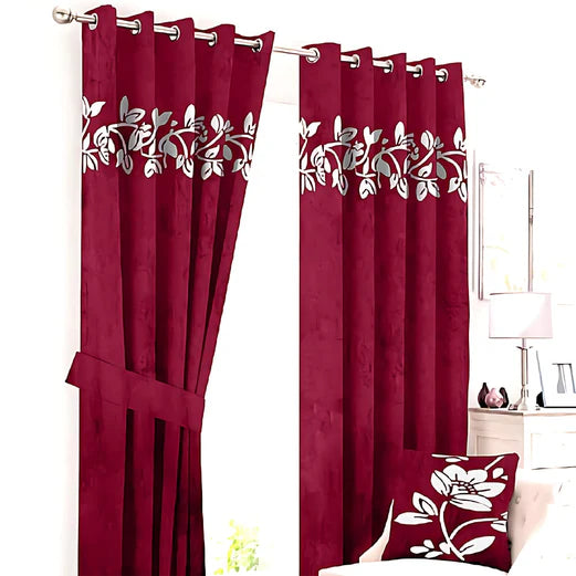 2 Pieces Luxury Floral Velvet Curtains Maroon